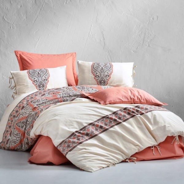 Lenjerie de pat dublu bumbac 100% ranforce cu design brodat crem și somon, set de 6 piese