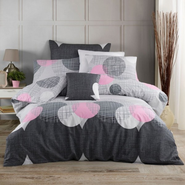 Lenjerie de pat dublu bumbac 100% ranforce Nazenin Home cu 6 piese și design modern cu cercuri și inimi în nuanțe de gri, alb și roz pe fundal alb și gri închis.