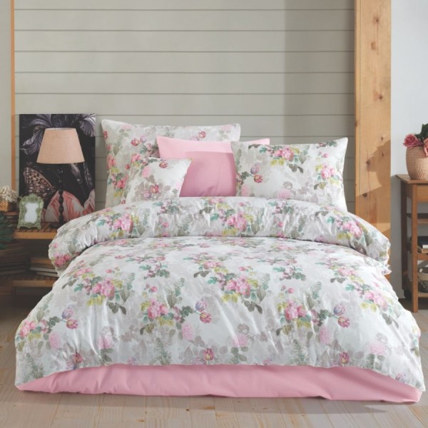 Set de lenjerie de pat Nazenin Home din bumbac ranforce, 6 piese, cu design floral pastel în nuanțe de roz și verde pe fundal alb