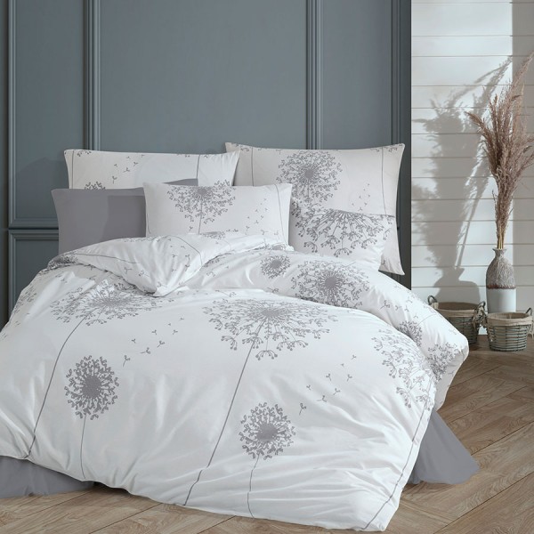 Lenjerie de pat Nazenin Home Willow din bumbac 100% ranforce cu design de păpădii gri pe fundal alb