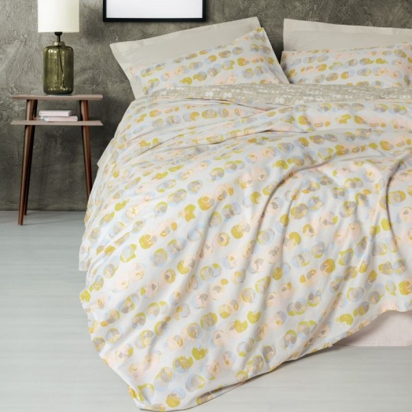 Lenjerie pat dublu Jocus Bej bumbac ranforce cu buline, design modern si natural pentru dormitor., cearceaf plat 240x260cm