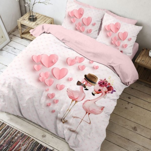 Lenjerie de pat dublu bumbac 100% ranforce Club Cotton Amoro, flamingo îndrăgostiți, alb și roz