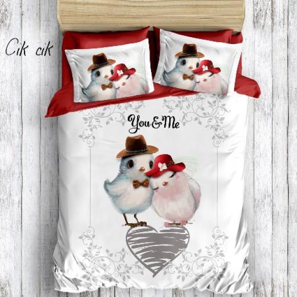 Lenjerie de pat dublu bumbac 100% ranforce Club Cotton Cik Cik, păsări îndrăgostite, alb, roșu și maro