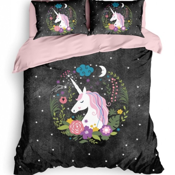 Lenjerie de pat dublu bumbac 100% ranforce Club Cotton Dreamy Double, unicorn, roz, alb și negru