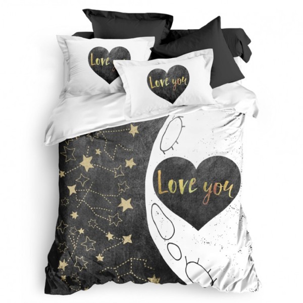 Lenjerie de pat dublu bumbac 100% ranforce Club Cotton Halfy, "Love you", alb, negru și auriu