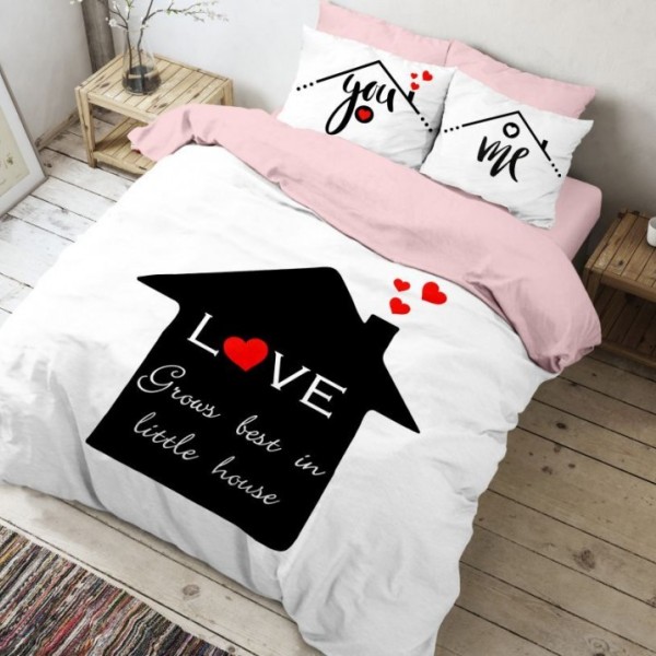 Lenjerie de pat dublu bumbac 100% ranforce Club Cotton Happy House alb-negru-roz cu text și inimioare