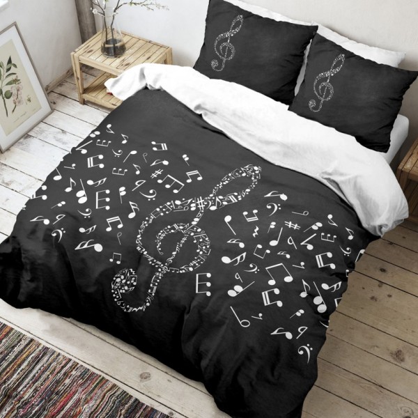 Lenjerie de pat dublu bumbac 100% ranforce Club Cotton Musicol, note muzicale, alb și negru