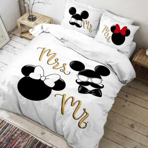 Lenjerie de pat dublu bumbac 100% ranforce alb și negru cu imprimeuri jucăușe inspirate de figuri iconice - Club Cotton Pure