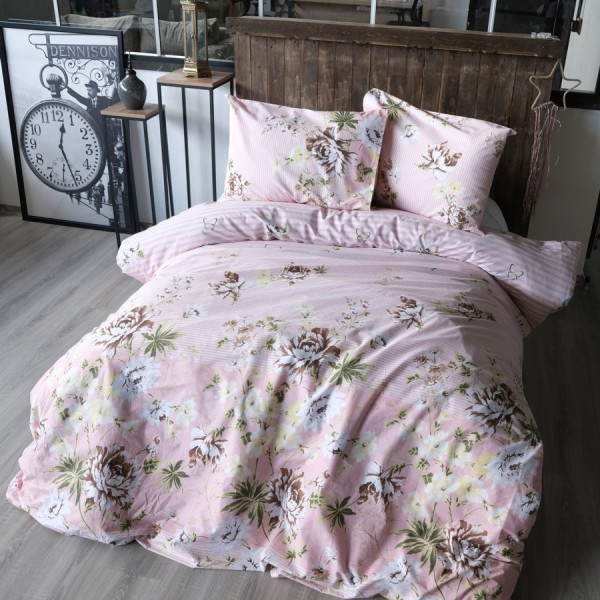 Lenjerie de pat dublu din bumbac 100% ranforce cu design floral romantic în nuanțe de roz și accente florale delicate