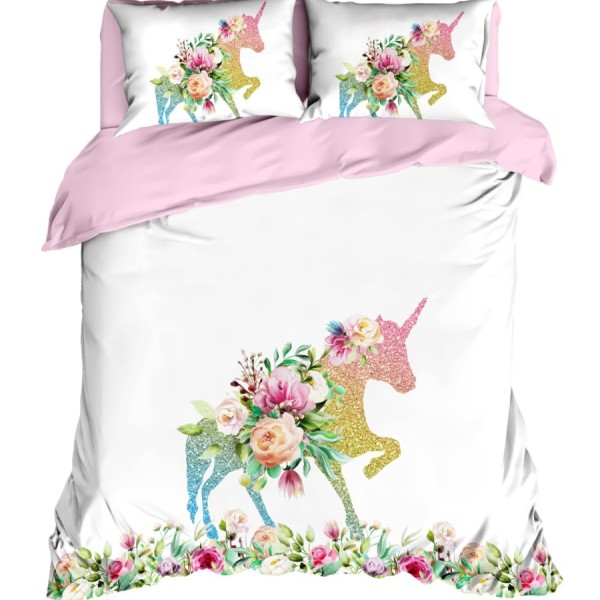 Lenjerie de pat Club Cotton Unicorn din bumbac 100% ranforce, design unicorn multicolor și flori pastelate pe fundal alb și lenjerii roz