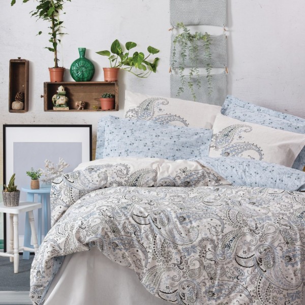 Lenjerie de pat din bumbac 100% ranforce, model Alessi Blue, motive florale în nuanțe de albastru și gri