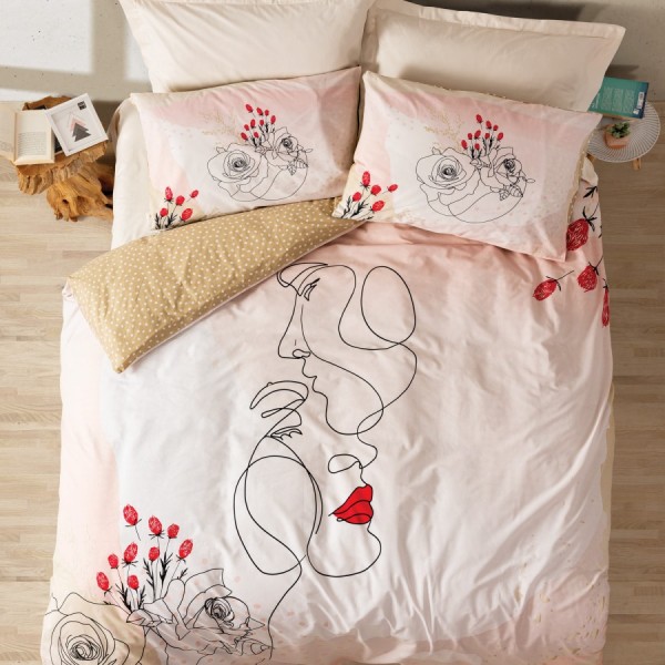 Lenjerie de pat din bumbac ranforce 100% cu model grafic și floral abstract în nuanțe de roz pudrat și alb, decorată cu linii artistice și accente feminine