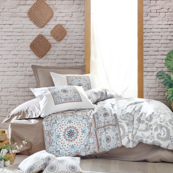 Lenjerie de pat dublu bumbac 100% Ranforce Bianna Beige cu design mandala în nuanțe de albastru și maro