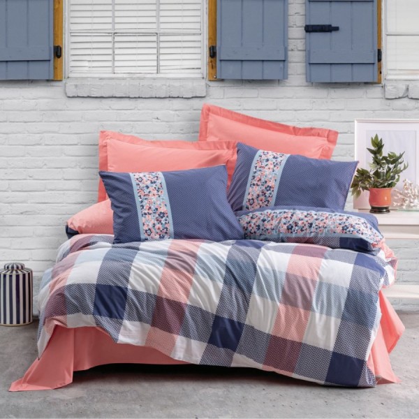 lenjerie de pat bumbac ranforce, lenjerie carouri florale albastru roz alb, Cotton Box lenjerie premium, material durabil