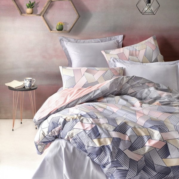 Lenjerie de pat dublu bumbac 100% Ranforce Dennis Grey cu design geometric în nuanțe de gri, roz și bej