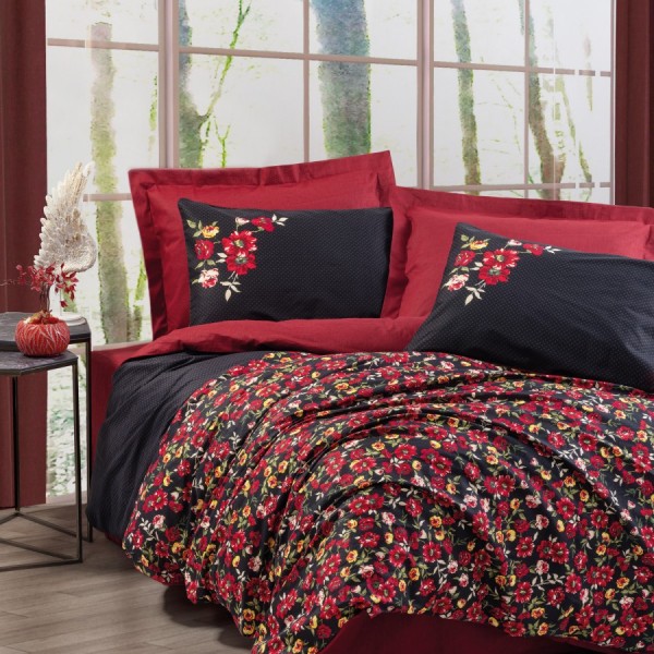 Lenjerie de pat Desire-Red cu nuanțe de roșu și negru, floricele colorate