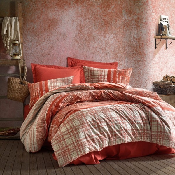 Lenjerie de pat dublu bumbac 100% Ranforce Cotton Box Dust Tile Red cu design în carouri roșu și bej, modernă