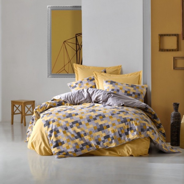Lenjerie de pat dublu din bumbac 100% ranforce, model Cotton Box Elon Yellow, cu motive geometrice vibrante în nuanțe de galben și gri.