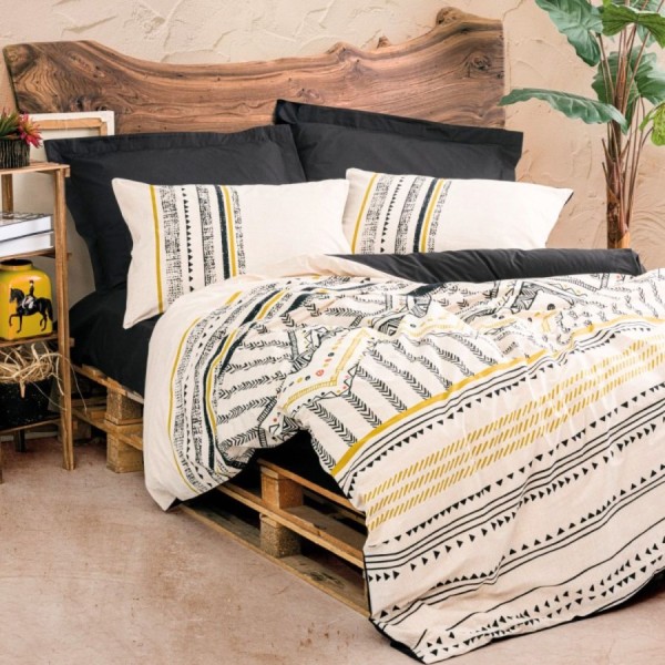 Lenjerie pat dublu Cotton Box Elvira Black bumbac ranforce model etnic boho alb negru