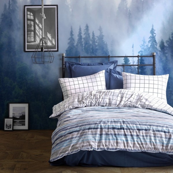 Lenjerie de pat dublu bumbac 100% Ranforce Grace Blue cu design în dungi albastre și gri pe fundal alb