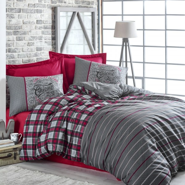 Lenjerie pat dublu bumbac 100% ranforce Cotton Box Jonas Claret Red, design modern în carouri și dungi în roșu închis, gri și alb.