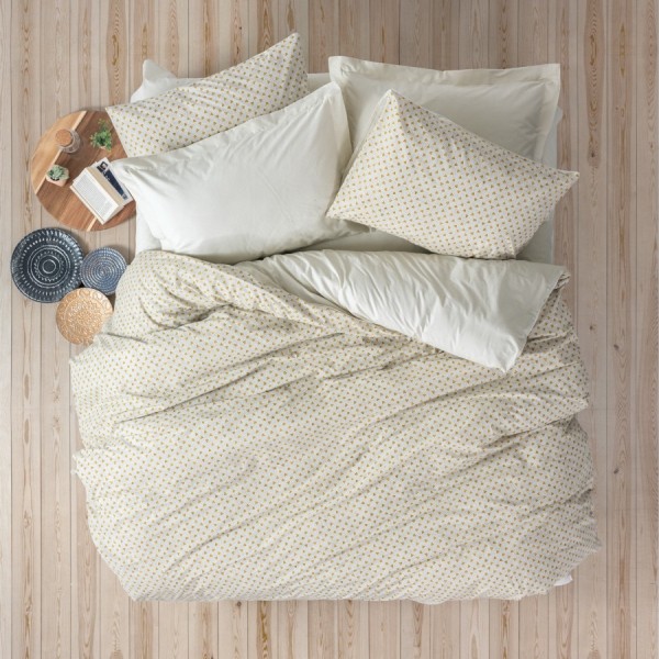 Lenjerie de pat din bumbac 100% ranforce, model Jot Beige, motive discrete geometrice în nuanțe de bej și alb