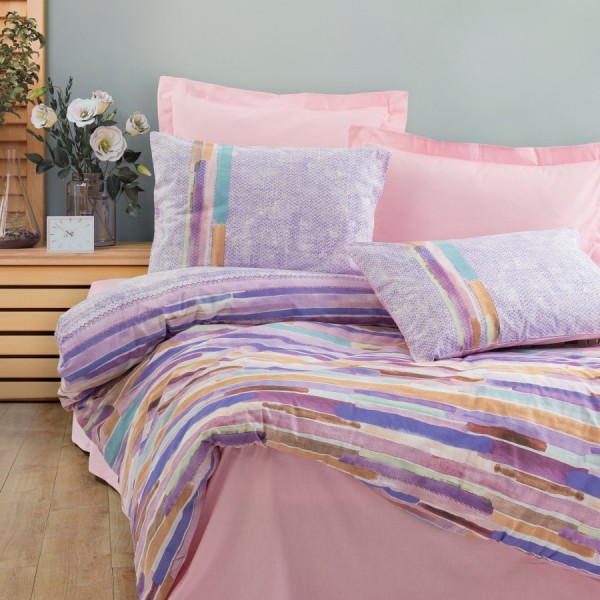 Lenjerie de pat Larry-Pink cu nuanțe de roz, violet și albastru, imprimeuri abstracte