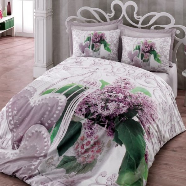 Lenjerie de pat dublu bumbac 100% ranforce alb și lila cu model floral de liliac și inimioare - Cotton Box Lily Lilac
