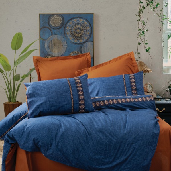 Lenjerie de pat Cottonbox, din bumbac 100% ranforce, cu model albastru închis și portocaliu cu detalii decorative