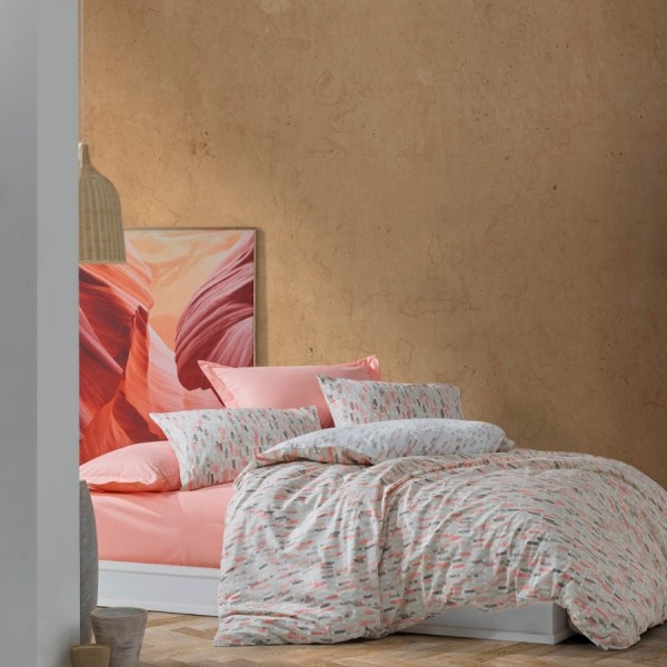 Lenjerie de pat dublu bumbac 100% ranforce cu design abstract roz pudră și alb, set de 4 piese
