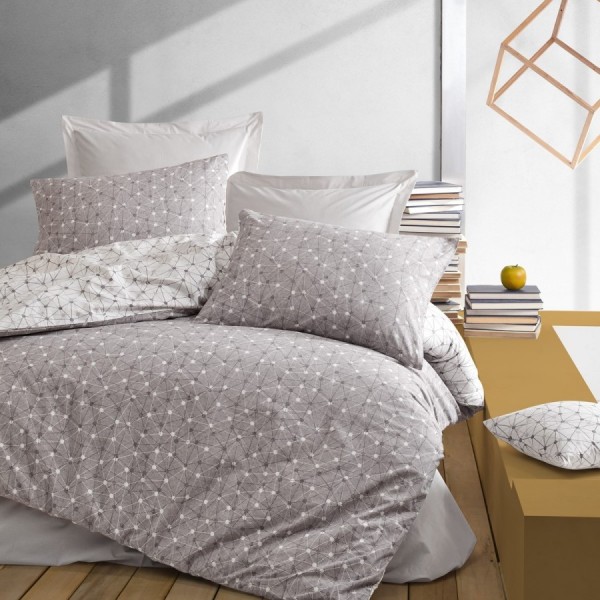 Lenjerie de pat dublu din bumbac 100% ranforce, model Cotton Box Mottle Mink, cu motive geometrice subtile în nuanțe de gri și alb.