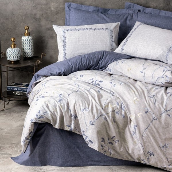Lenjerie de pat Cotton Box din bumbac ranforce cu design floral albastru pe fundal gri