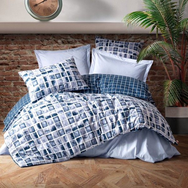 Lenjerie de pat dublu bumbac 100% Ranforce Palo Blue cu design modern în carouri albastre și albe