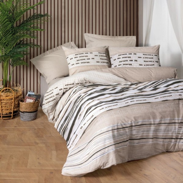 Lenjerie de pat Cottonbox din bumbac 100% ranforce, design modern în bej și alb, cu dungi și motive geometrice subtile