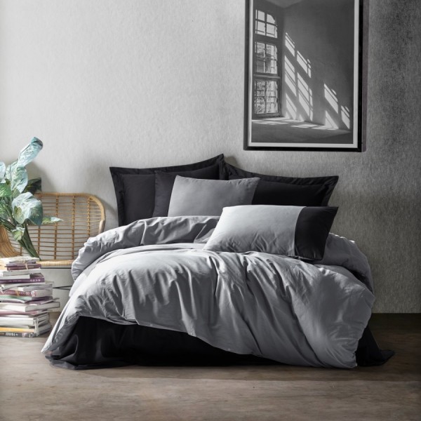 Lenjerie de pat dublu din bumbac 100% ranforce model Plain Gri/Negru cu design minimalist
