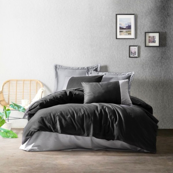Lenjerie de pat din bumbac 100% ranforce, model Cotton Box Plain, în nuanțe de negru și gri.