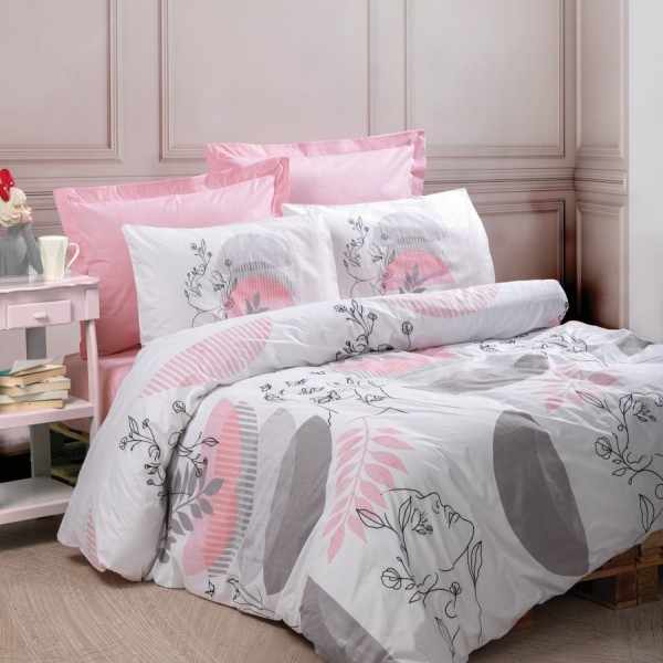 Lenjerie de pat din bumbac ranforce 100% cu model floral și frunze în nuanțe de roz și gri, decorată cu motive grafice delicate și accente feminine