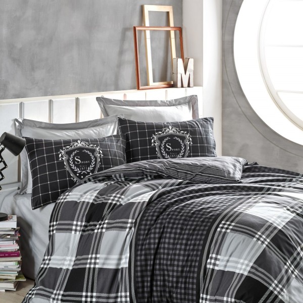 Lenjerie pat dublu bumbac 100% ranforce Cotton Box Ramos Anthracite, design modern în carouri și dungi în antracit, alb și gri.