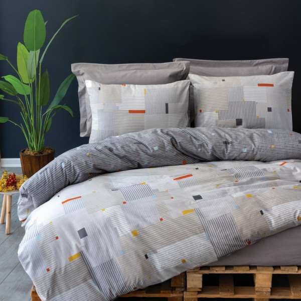 Lenjerie de pat Cottonbox din bumbac 100% ranforce, cu model geometric în nuanțe de gri, galben și portocaliu pe fundal gri deschis