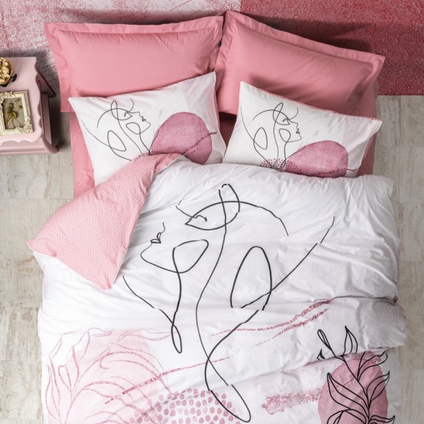 Lenjerie de pat din bumbac ranforce 100% cu model grafic și floral abstract în nuanțe de roz și alb, decorată cu linii artistice și accente moderne