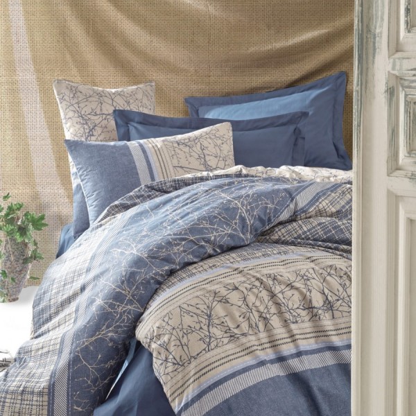 Lenjerie de pat dublu bumbac 100% ranforce cu design floral și dungi în nuanțe de albastru închis și bej, set de 4 piese
