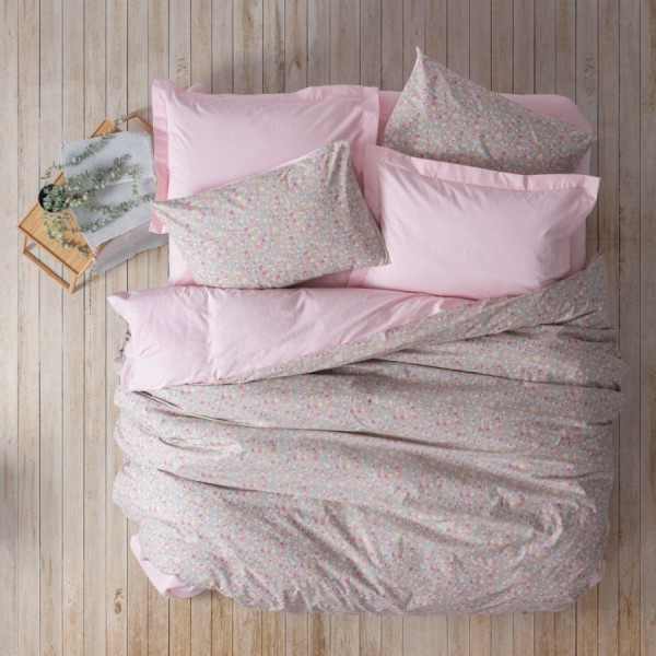 Lenjerie de pat din bumbac 100% ranforce, de la Cotton Box, model Sihu Roz, cu design floral delicat în nuanțe de roz pal și pastel.