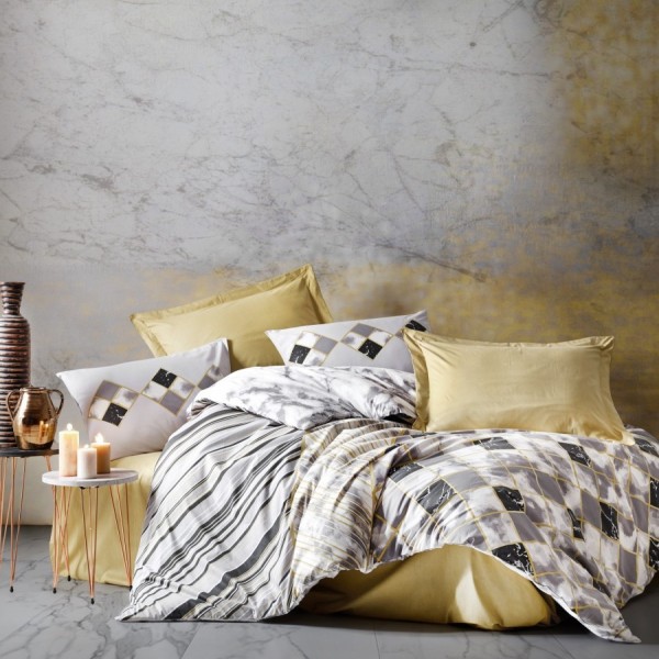 Lenjerie de pat dublu bumbac 100% Ranforce Stone Beige cu design de marmură în nuanțe de bej și alb