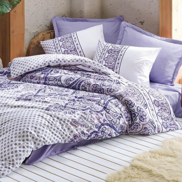 Lenjerie de pat dublu din bumbac 100% ranforce cu design paisley în nuanțe de lila și alb