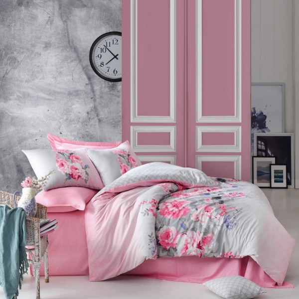 Lenjerie de pat dublu bumbac 100% ranforce roz și gri cu model floral de bujori - Cotton Box Fiona Pink