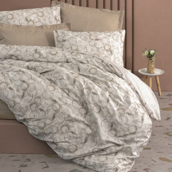 Lenjerie pat dublu Cotton Box Moil Bej din bumbac 100% ranforce, cu cearsaf elastic si model abstract cu cercuri bej si gri