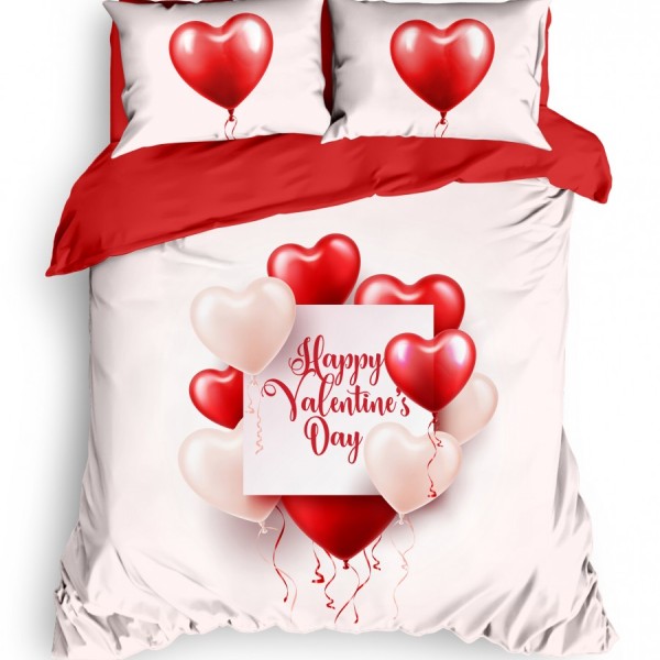 Lenjerie de pat dublu bumbac 100% ranforce Feeling alb-roșu cu inimioare și mesaj "Happy Valentine's Day"