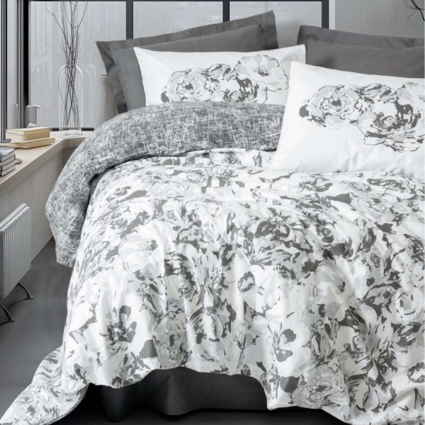 Lenjerie pat dublu Cotton Box Florva Antracit bumbac 100% ranforce model floral alb gri