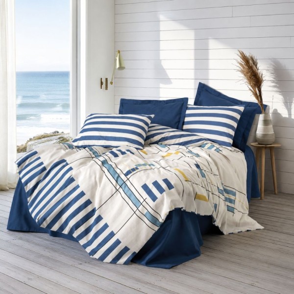 Lenjerie pat dublu Cotton Box Lunox bumbac 100% ranforce cu dungi bleumarin si design geometric