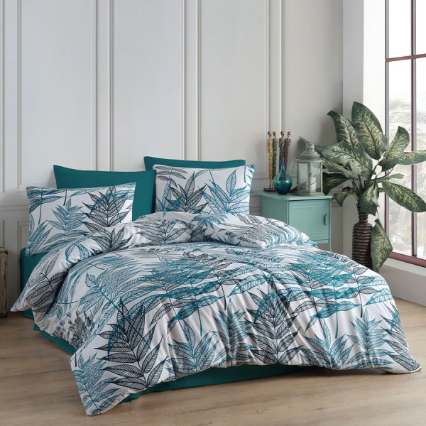 Lenjerie de pat bumbac 100% ranforce cu design tropical verde și albastru pe fundal alb